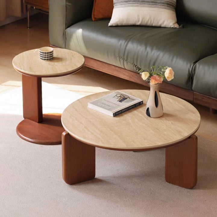 Albion Coffee Table 80cm+45cm / Travertine Stone Top / Solid Ash Base in Teak Tone