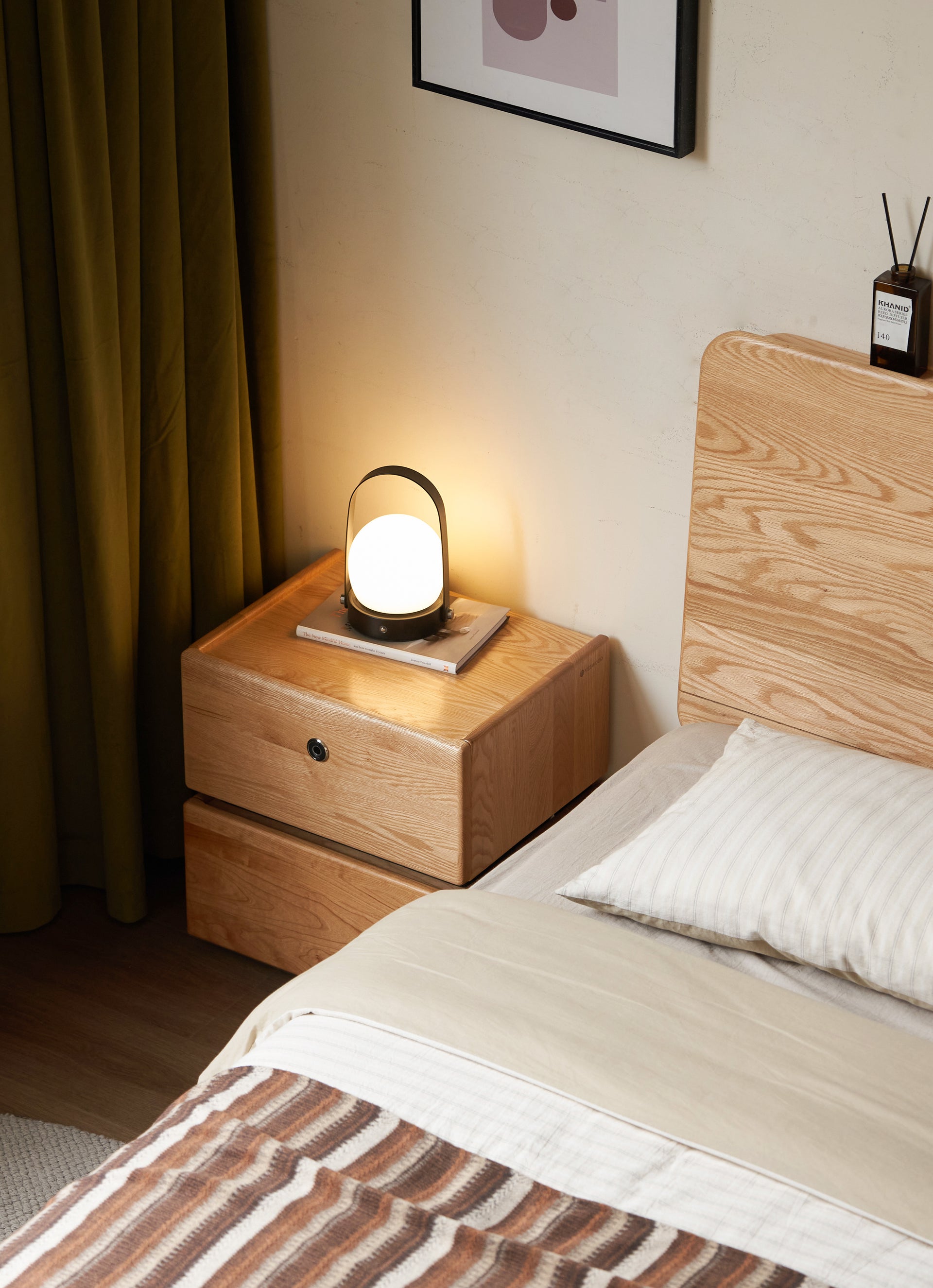 Allen Bedside Table Natural Solid Oak + Solid Cherry Wood 45cm