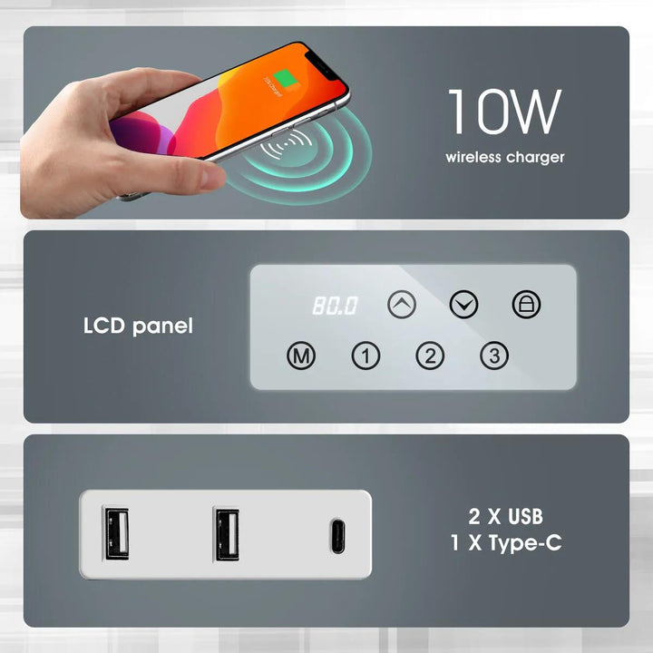 Wireless charger with smartphone, LCD panel, and USB ports on a gray background