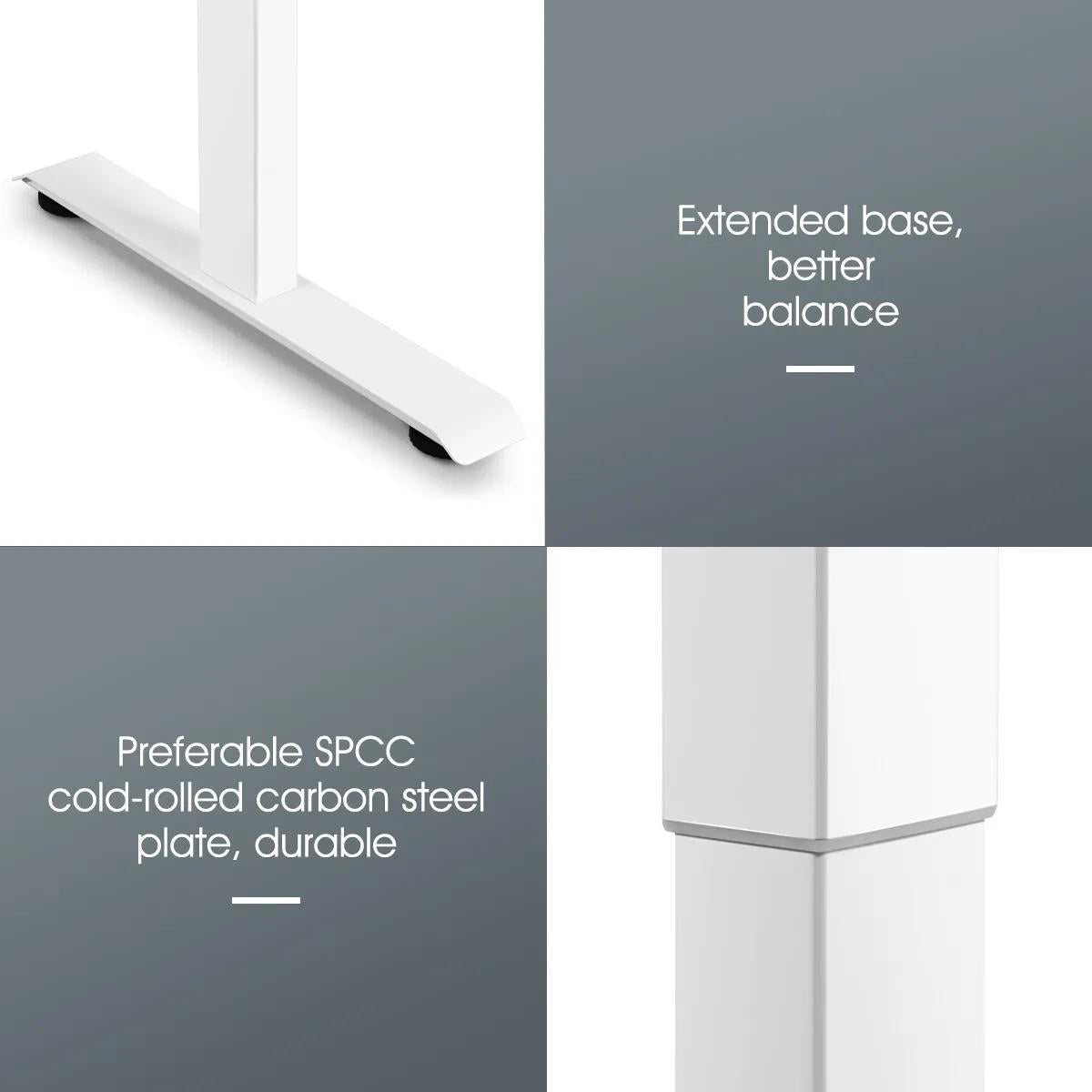 White metal stand with text highlighting SPCC material and extended base.