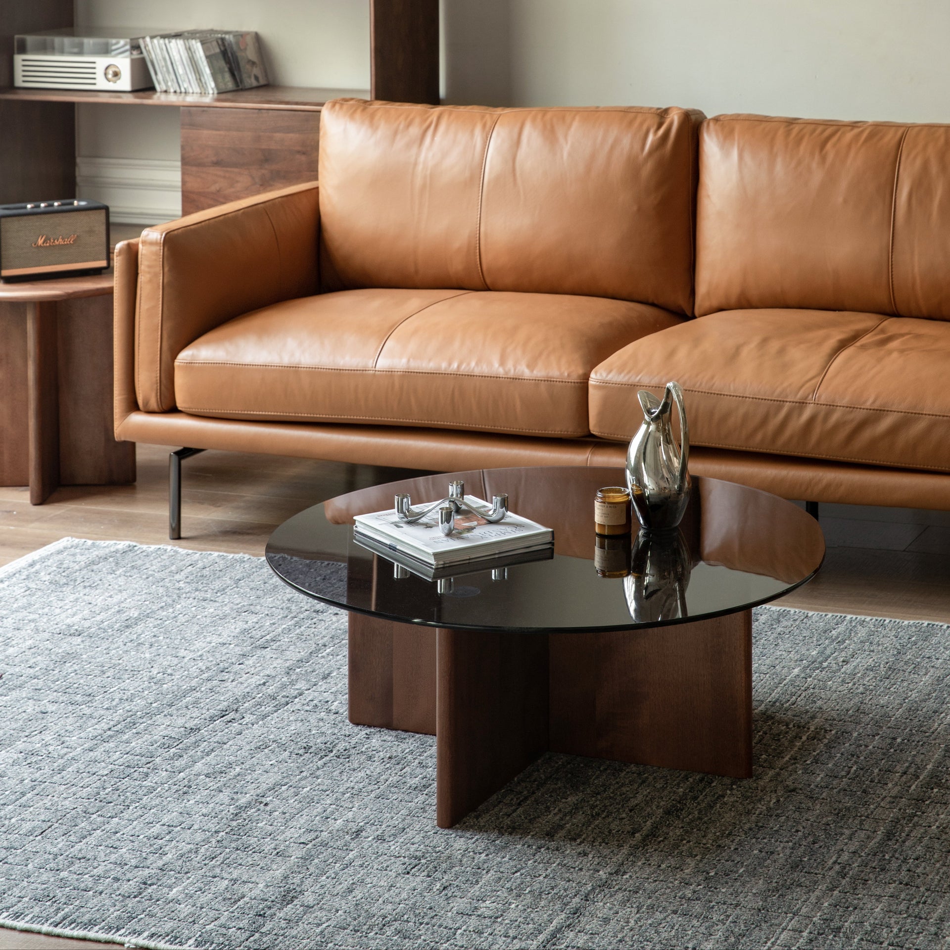 Easey Coffee Table Natural Solid Walnut + Smoked Glass 90cm