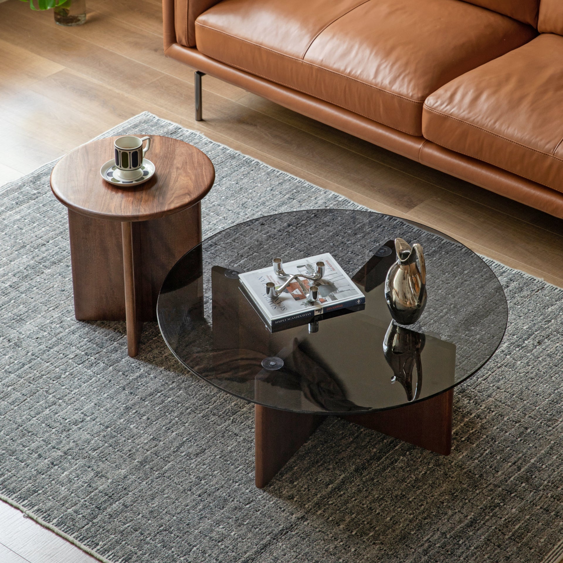 Easey Coffee Table Natural Solid Walnut + Smoked Glass 90cm