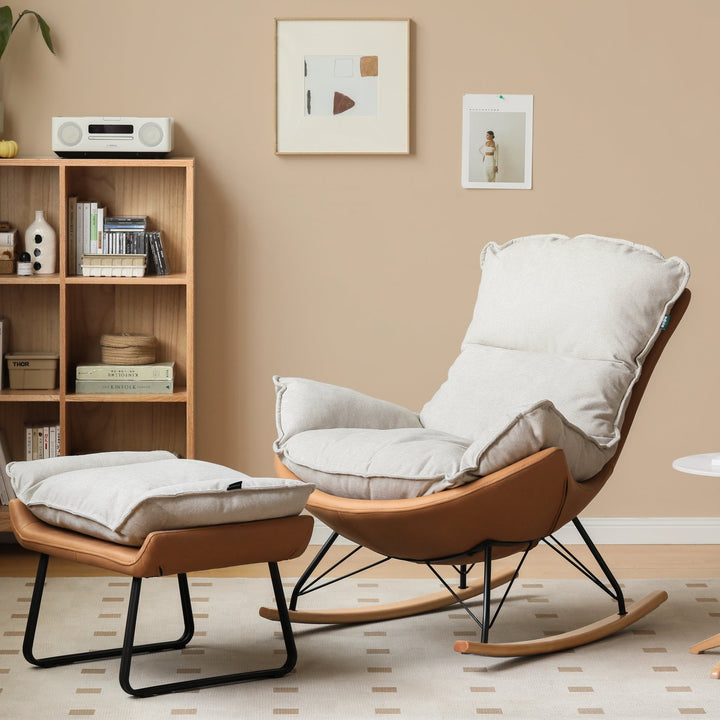 Evelyn Armchair Shell White Fabric × Bronze Tech Leather with Ottoman