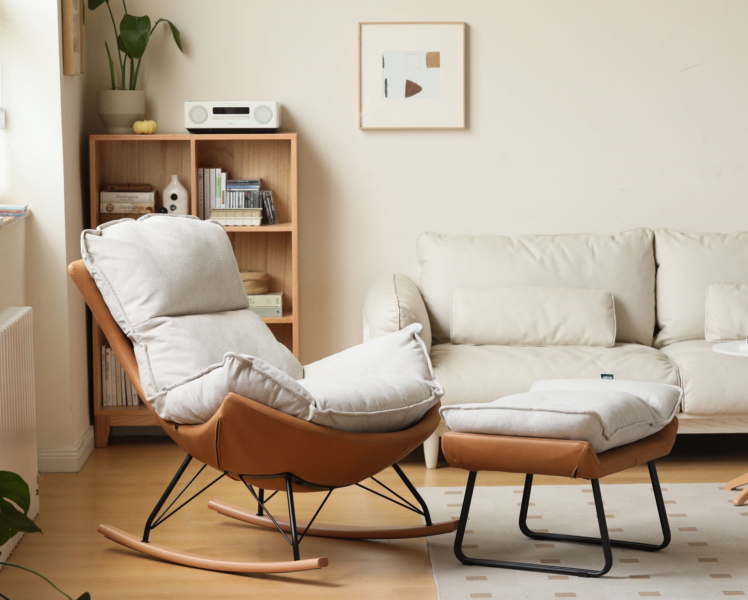 Evelyn Armchair Shell White Fabric × Bronze Tech Leather with Ottoman