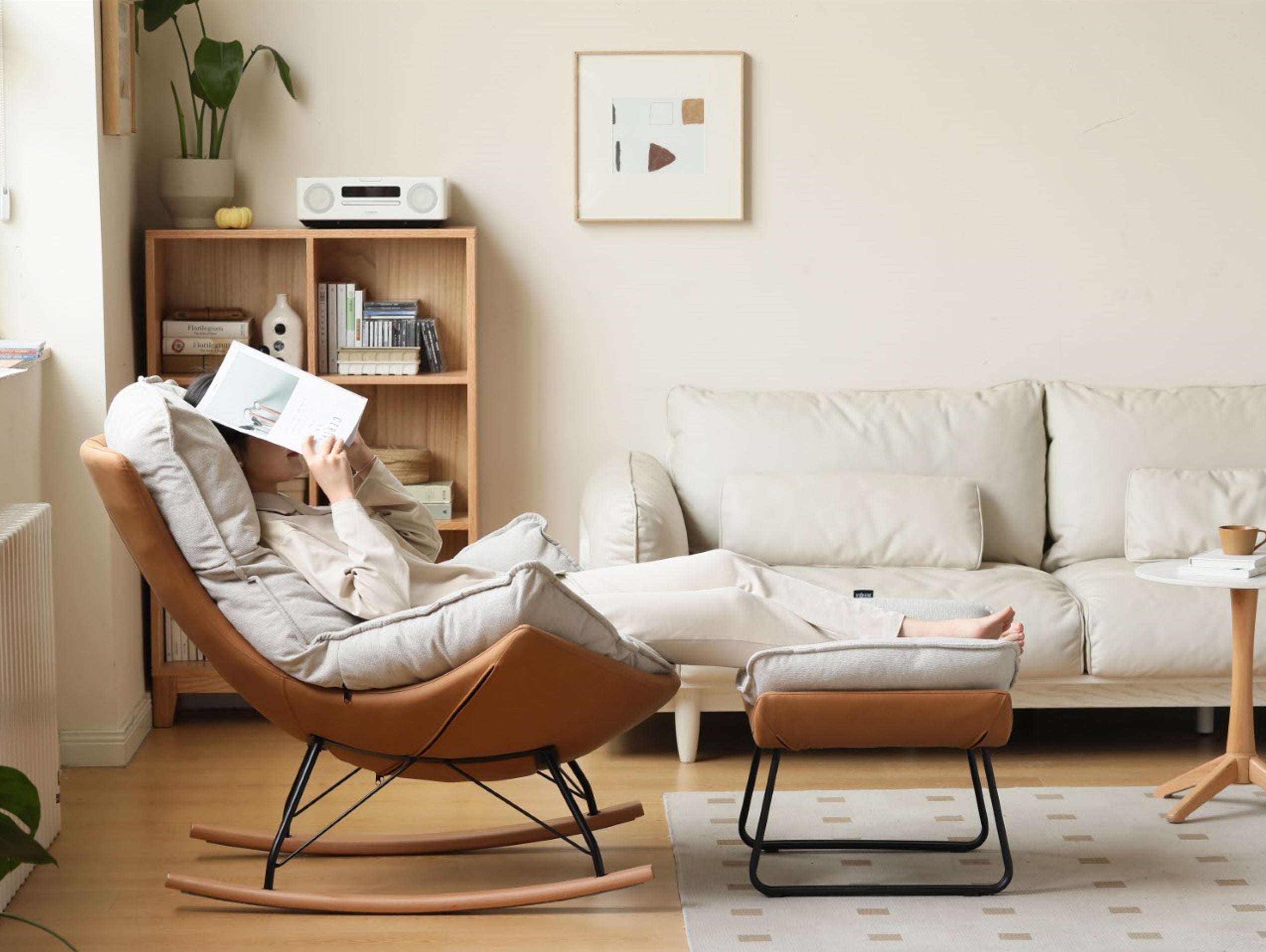 Evelyn Armchair Shell White Fabric × Bronze Tech Leather with Ottoman