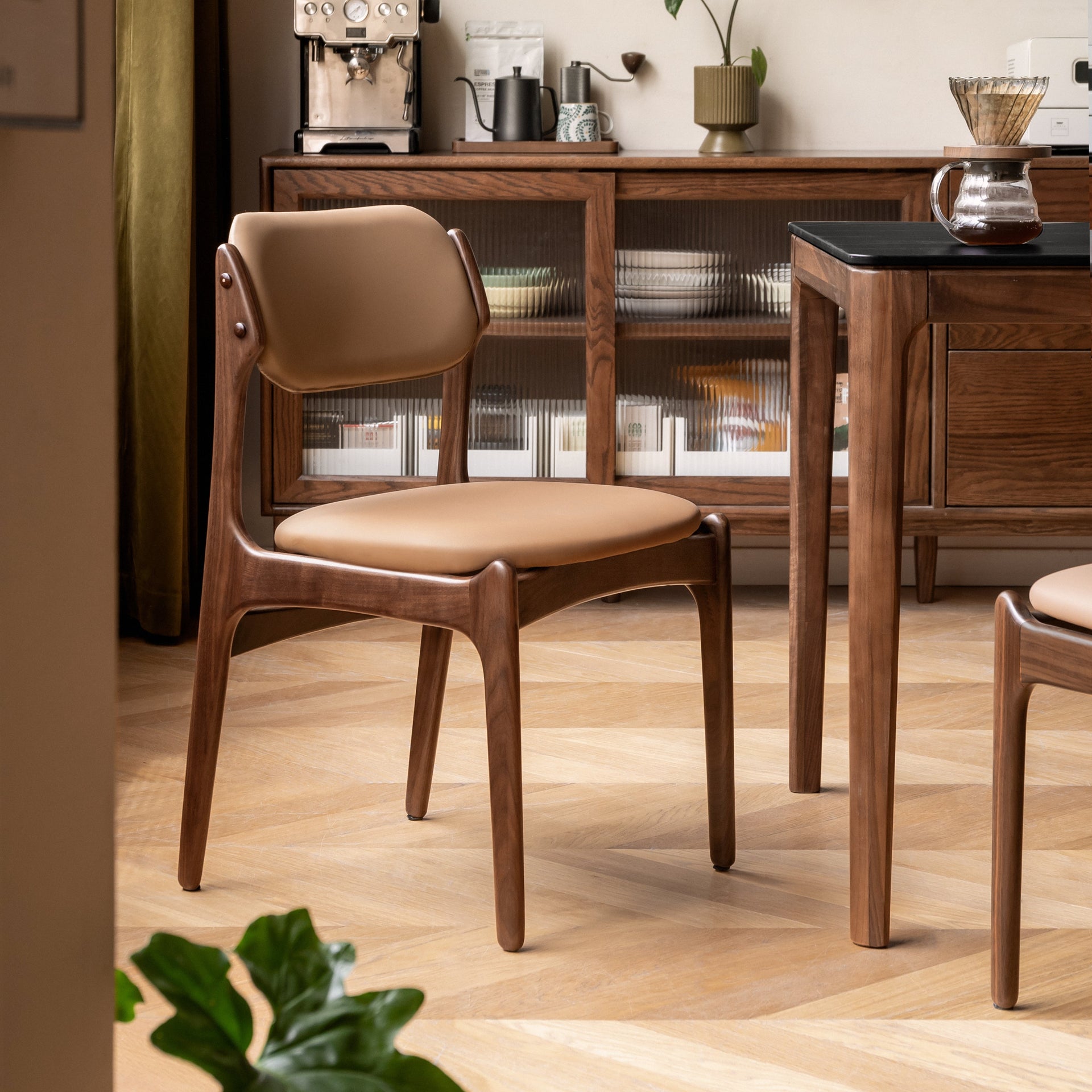 Greeves Dining Chair Natural Solid Walnut + Camel Brown Leather Cushion