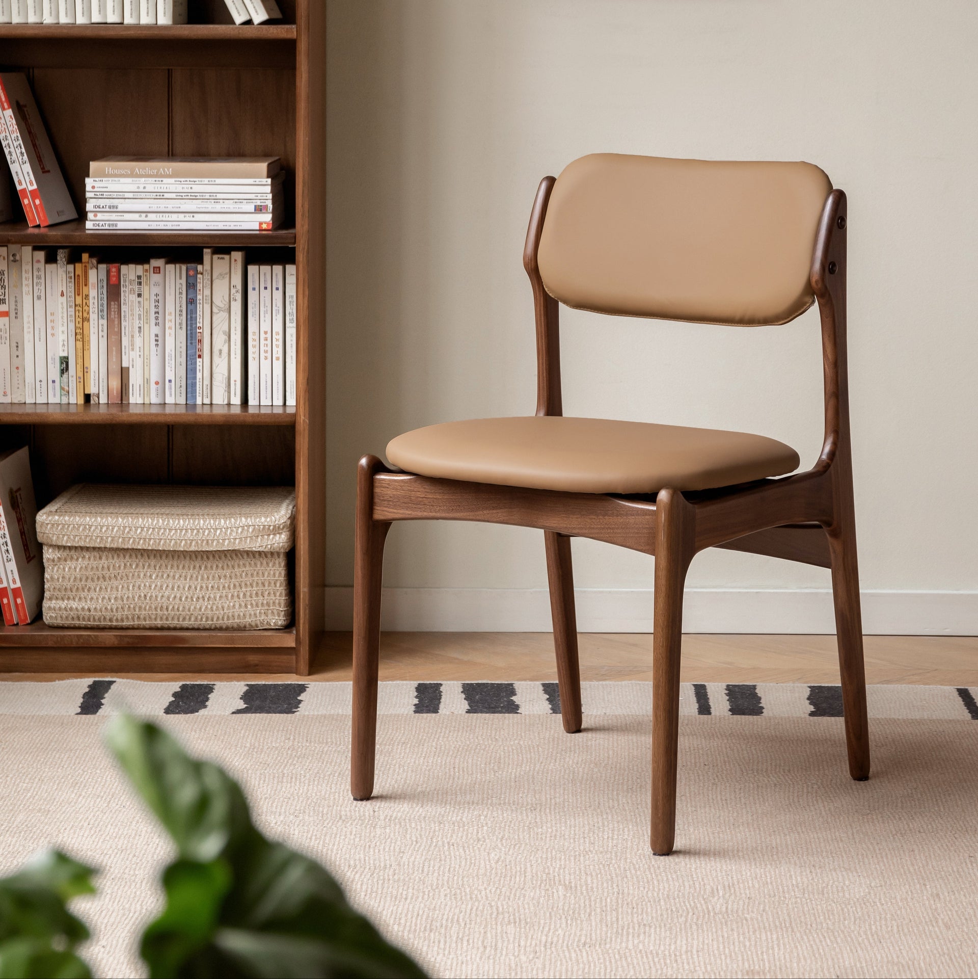 Greeves Dining Chair Natural Solid Walnut + Camel Brown Leather Cushion