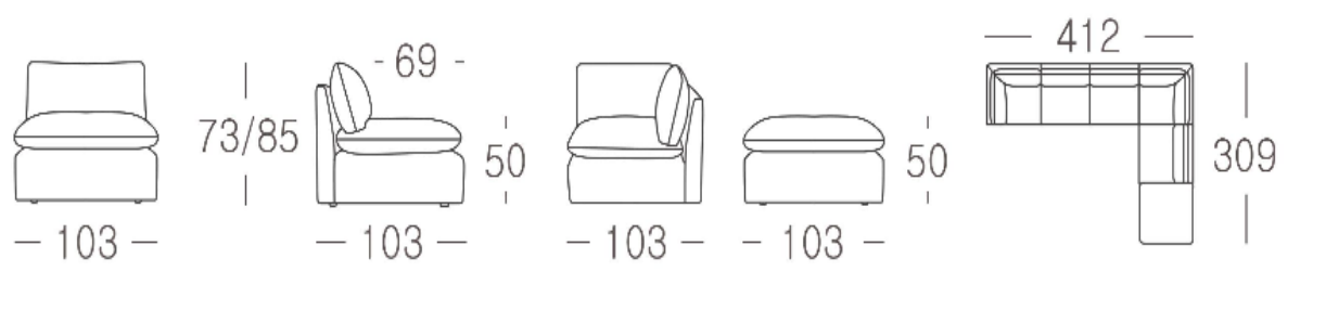 Loula Extended Side Chaise Sectional Sofa with Ottoman