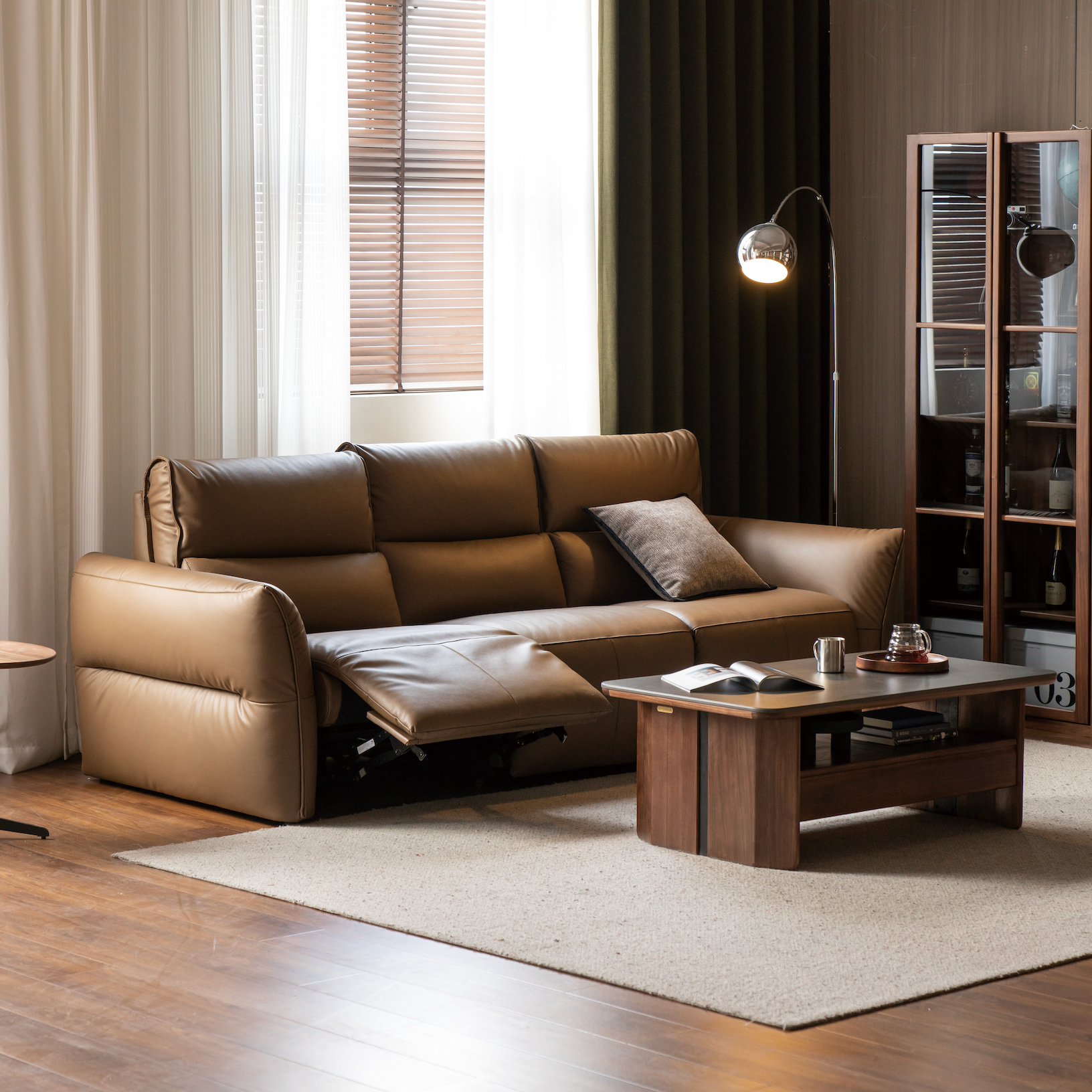 Pelham Recliner Sofa Camel Brown Leather Upholstery 245cm