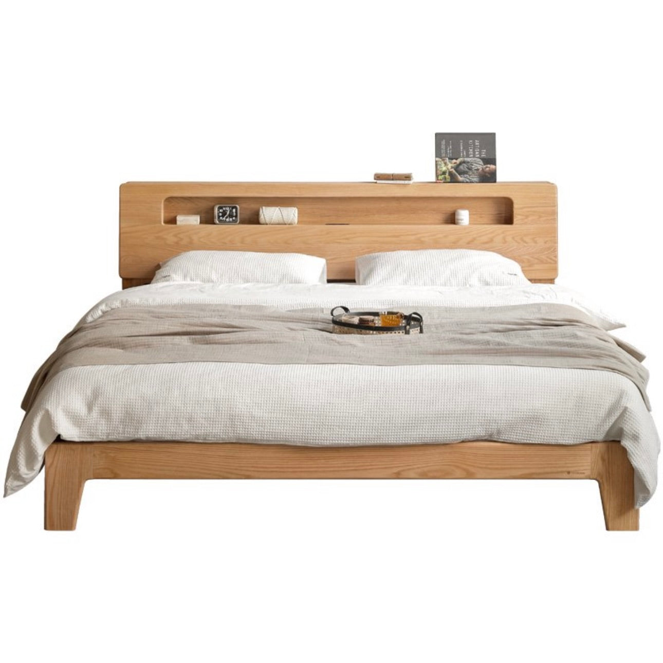 Prague Queen/King Bed Frame Natural Solid Oak With Reading Light