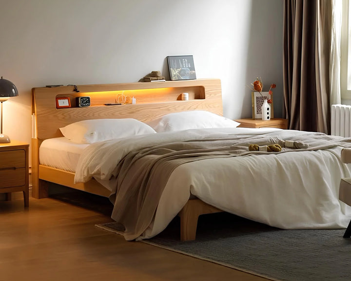 Prague Queen/King Bed Frame Natural Solid Oak With Reading Light