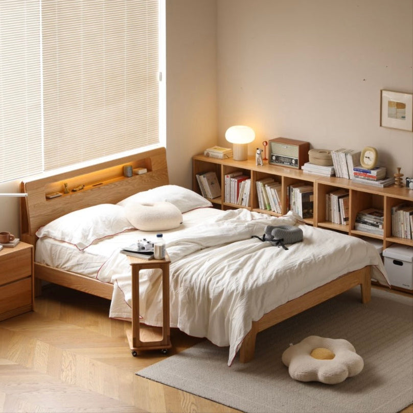 Prague Queen/King Bed Frame Natural Solid Oak With Reading Light