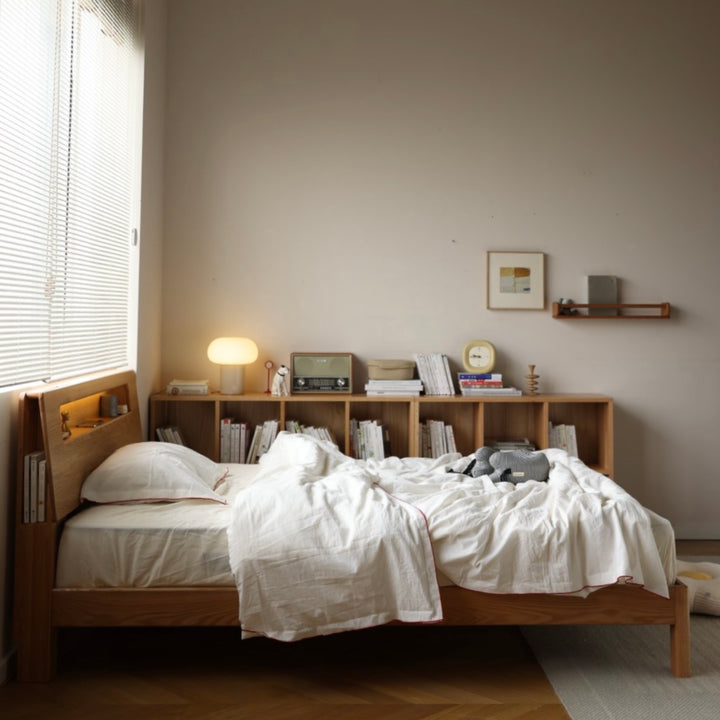 Prague Queen/King Bed Frame Natural Solid Oak With Reading Light