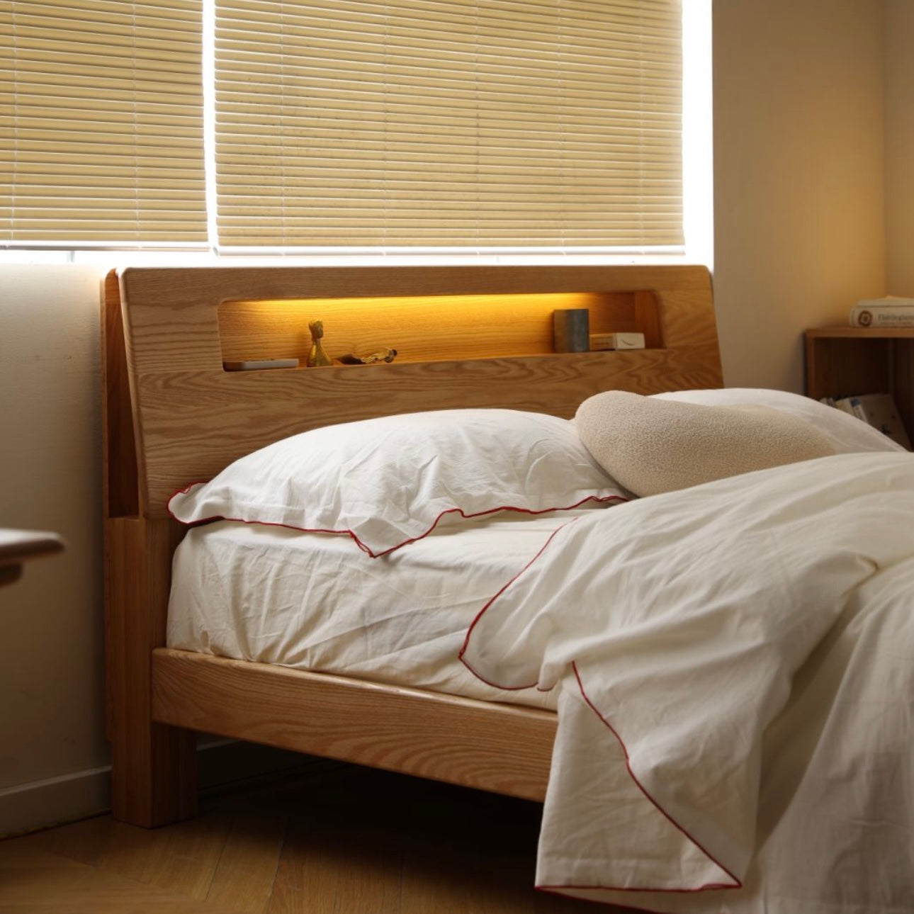 Prague Queen/King Bed Frame Natural Solid Oak With Reading Light