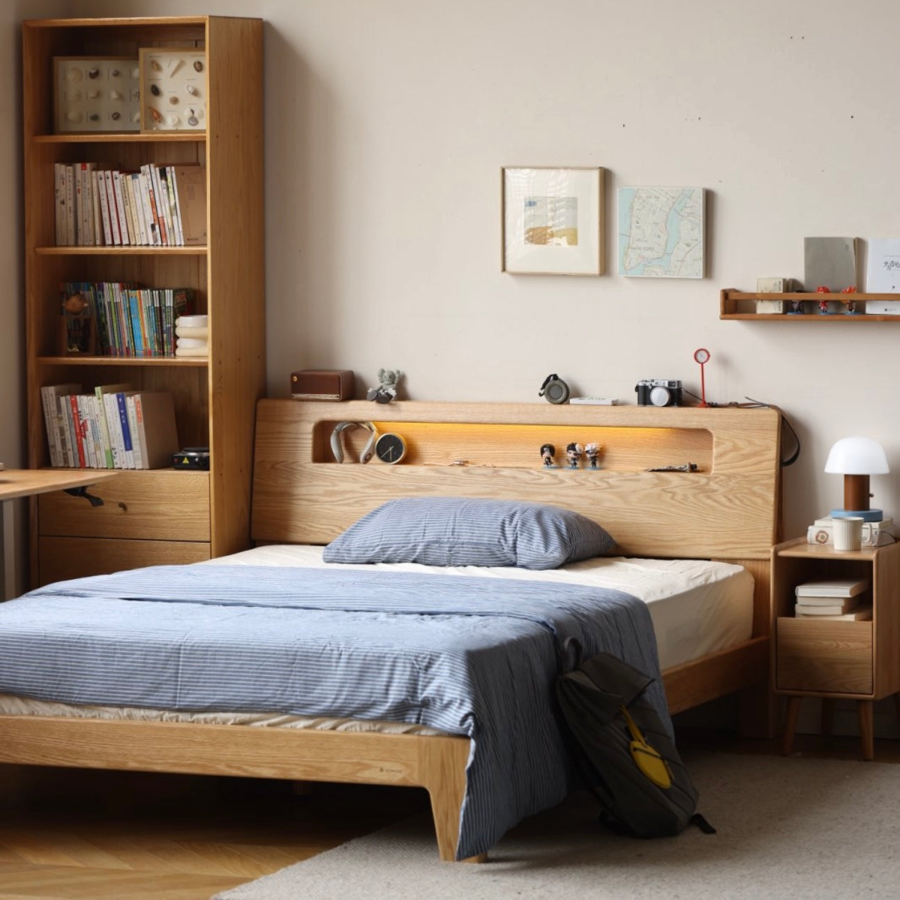 Prague Queen/King Bed Frame Natural Solid Oak With Reading Light