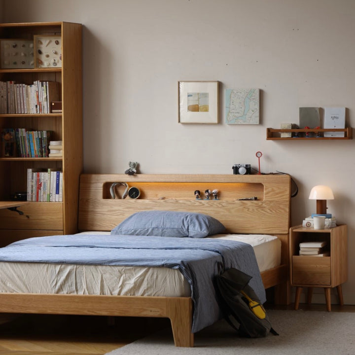 Prague Queen/King Bed Frame Natural Solid Oak With Reading Light