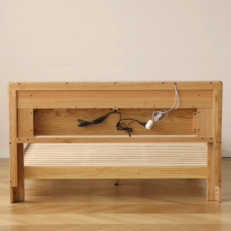 Prague Queen/King Bed Frame Natural Solid Oak With Reading Light