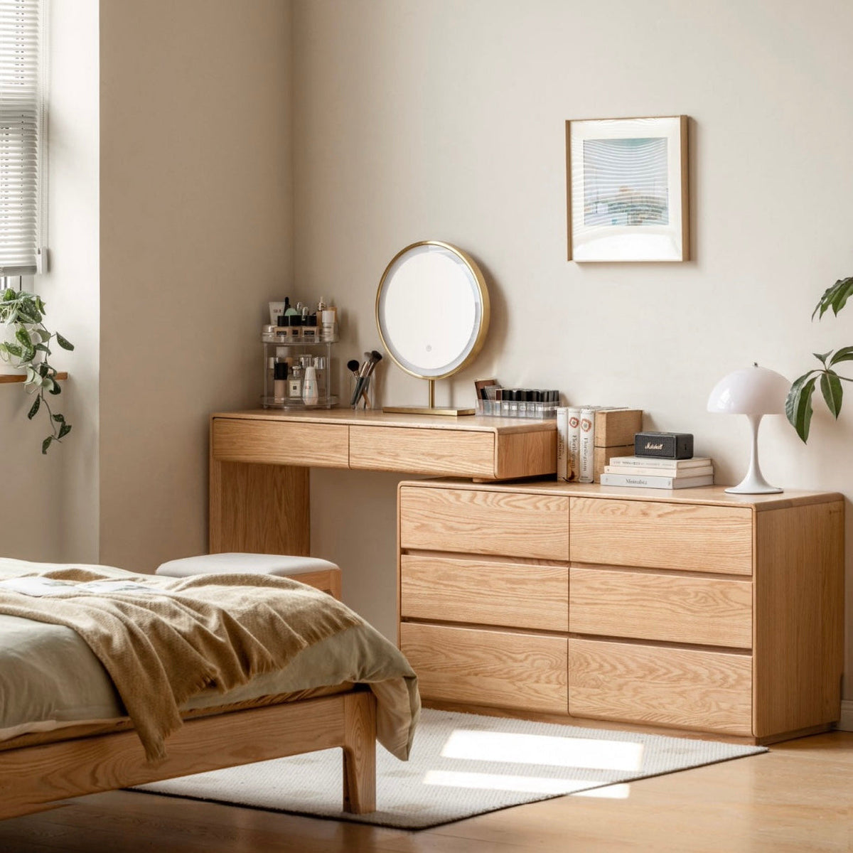 Yoyu Dressing Table Natural Solid Oak 120-208cm Left