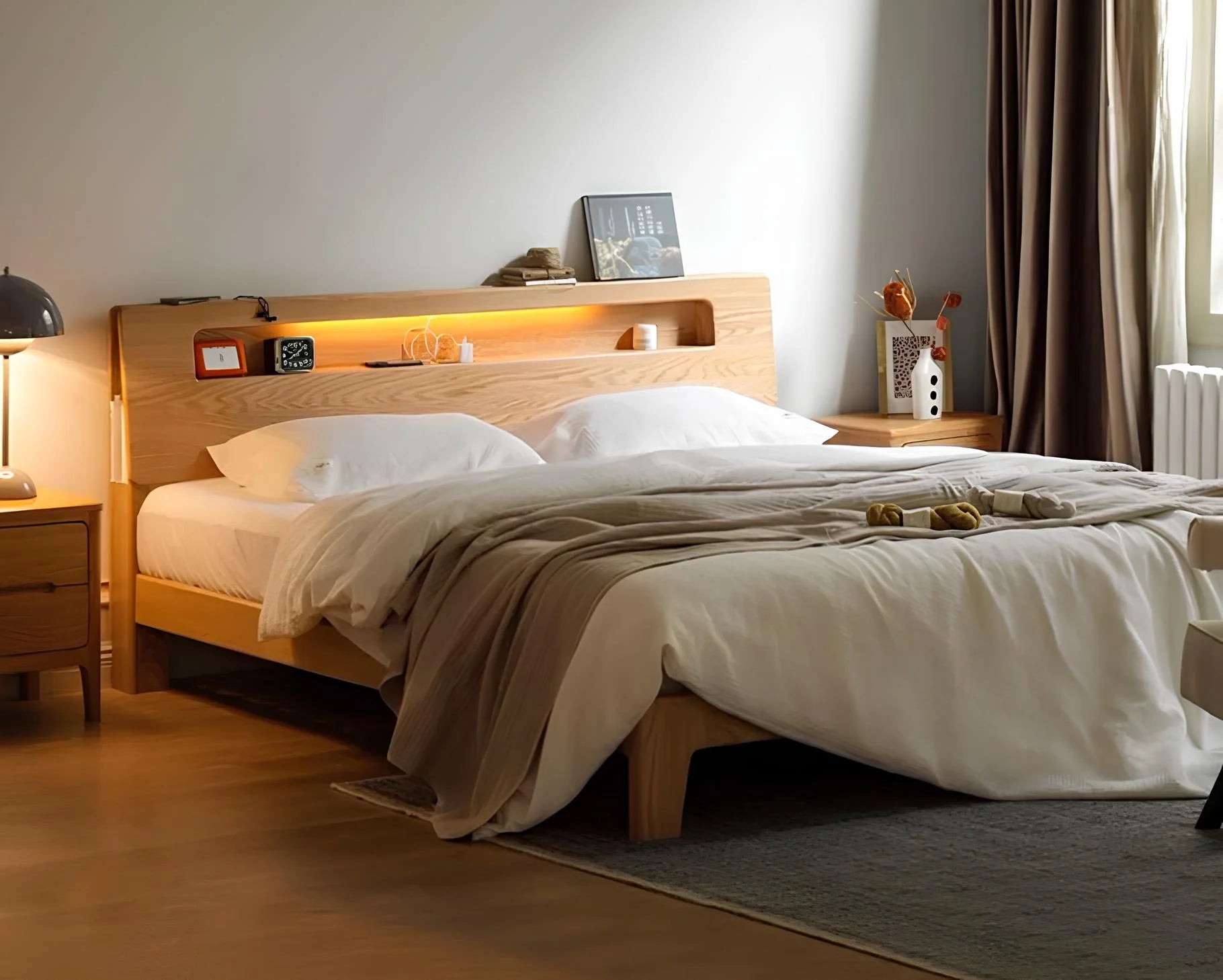 Prague Queen / King Size Bed Frame Natural Solid Oak With Reading Light