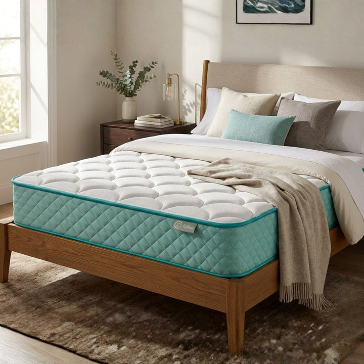 Mattress on a wooden bed frame in a bedroom setting with bedding and decor.